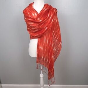 Talbots orange woven fringed lightweight scarf, approx. 19” x 80”.